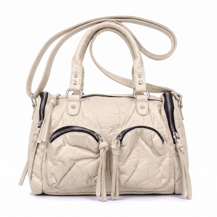 Women's Washed Vegan Leather Top Handle Bag, Plum Barrel Tassel Bag — Cream