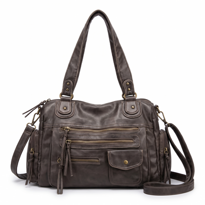 Women's Washed Faux Leather Zip Pocket Shoulder Bag, front view