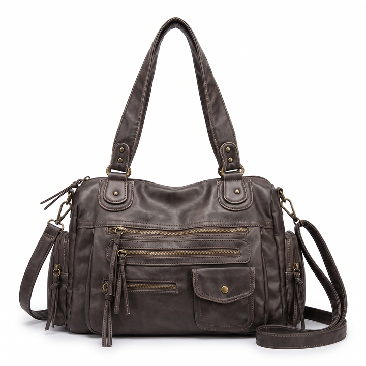 Women's Washed Faux Leather Zip Pocket Shoulder Bag, front view