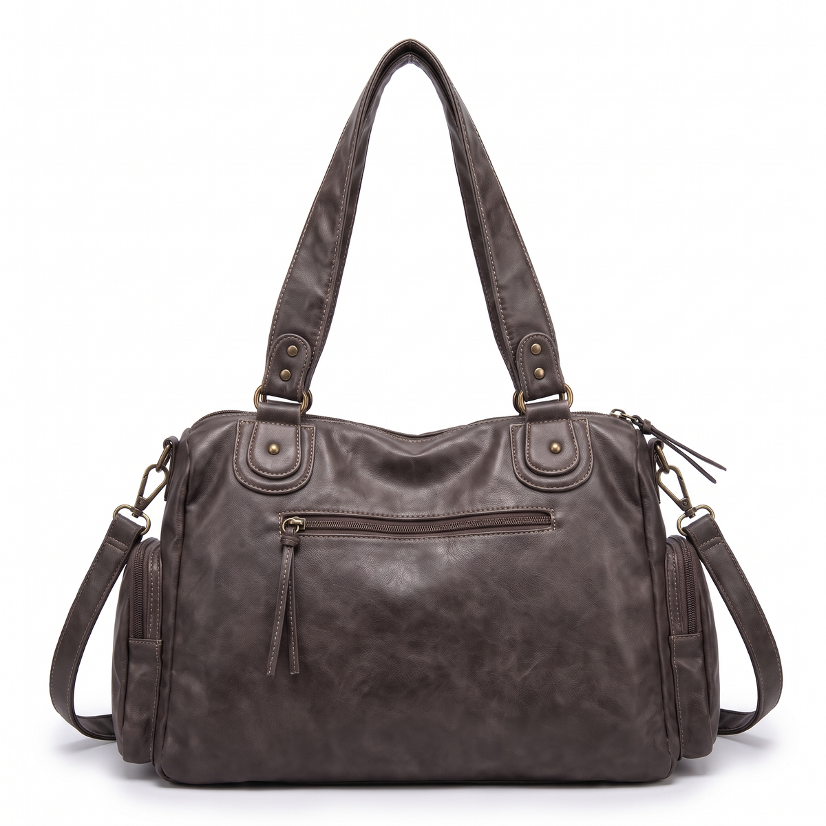 Women's Washed Faux Leather Zip Pocket Shoulder Bag, back view