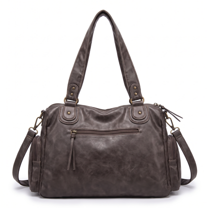 Women's Washed Faux Leather Zip Pocket Shoulder Bag, back view