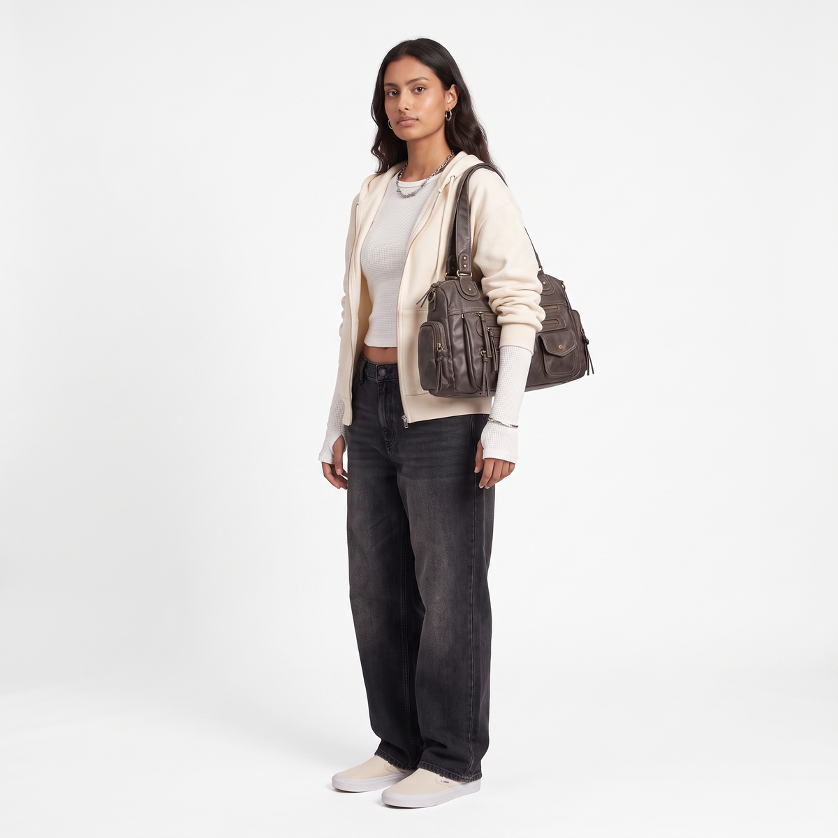 Women's Washed Faux Leather Zip Pocket Shoulder Bag, worn by a model