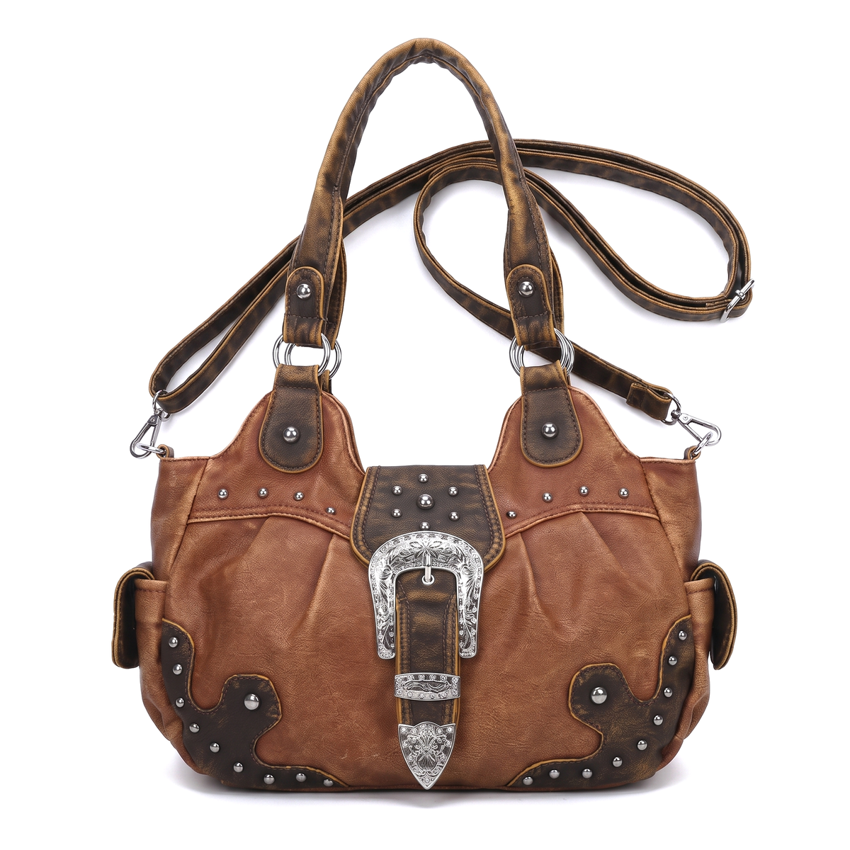 Women's Western Buckle Vegan Leather Shoulder Bag, front view
