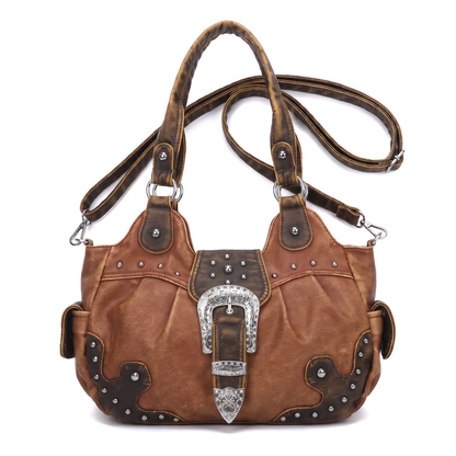 Women's Western Buckle Vegan Leather Shoulder Bag, front view