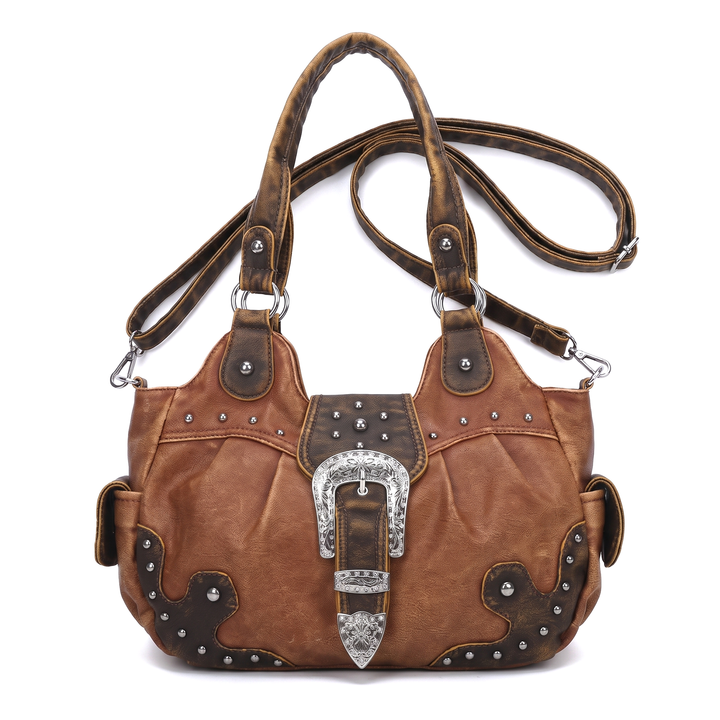 Women's Western Buckle Vegan Leather Shoulder Bag, front view