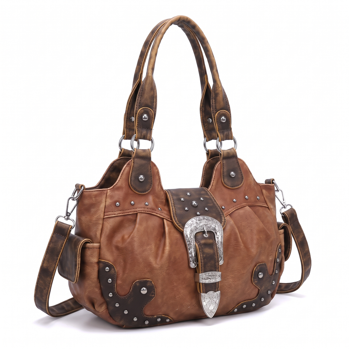 Women's Western Buckle Vegan Leather Shoulder Bag, three-quarter view