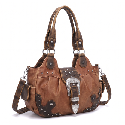 Women's Western Buckle Vegan Leather Shoulder Bag, three-quarter view