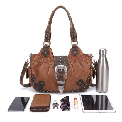 Women's Western Buckle Vegan Leather Shoulder Bag, what fits inside