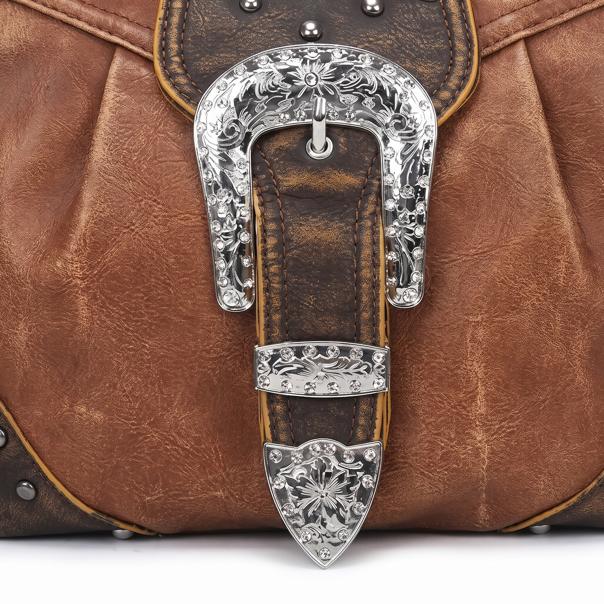 Women's Western Buckle Vegan Leather Shoulder Bag, hardware close-up