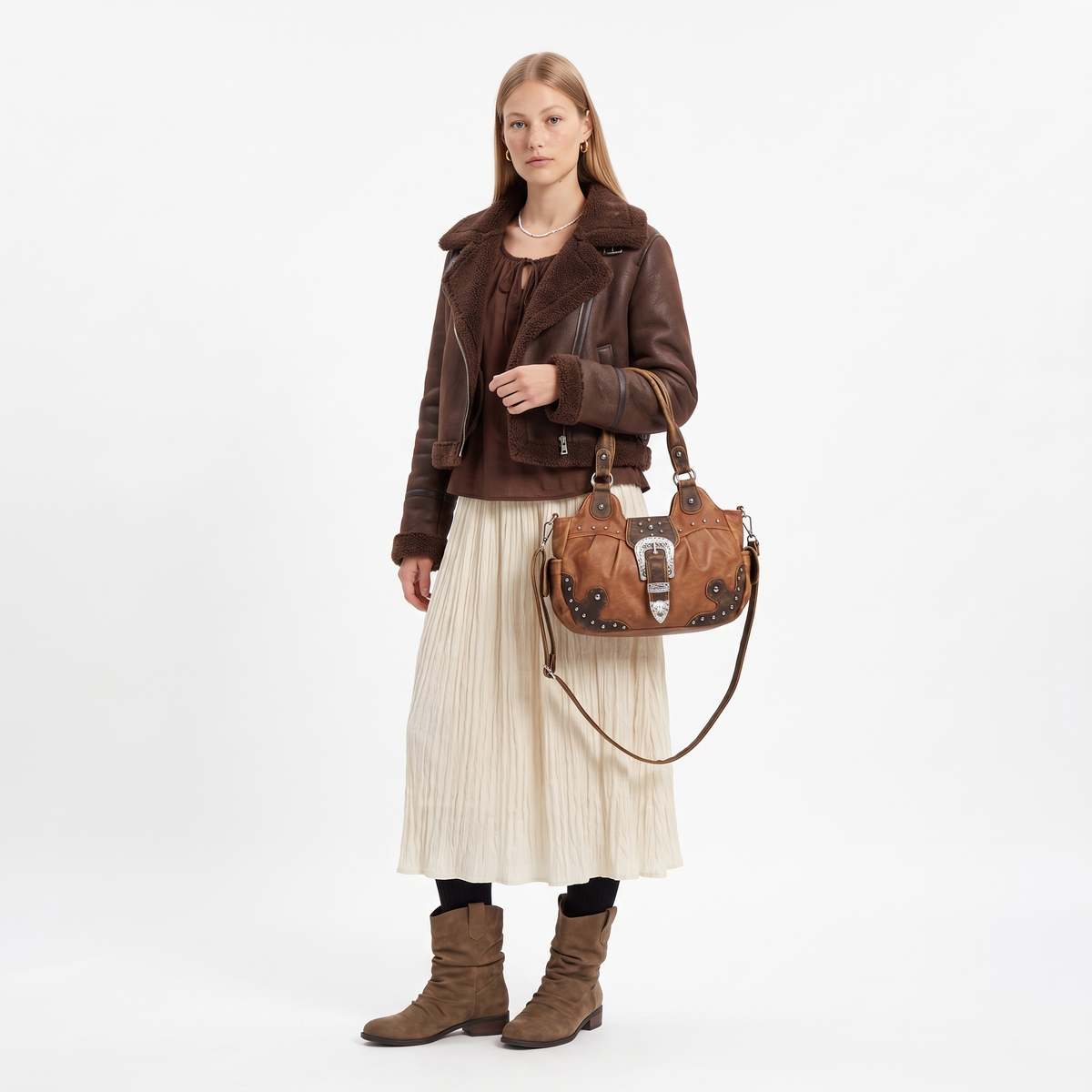 Women's Western Buckle Vegan Leather Shoulder Bag, worn by a model
