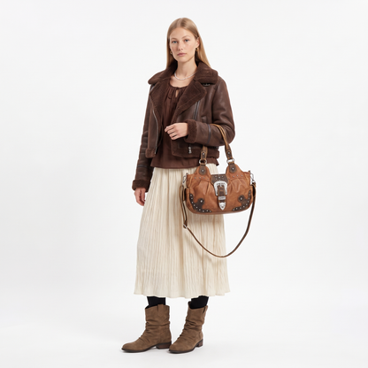 Women's Western Buckle Vegan Leather Shoulder Bag, worn by a model