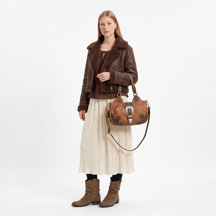 Women's Western Buckle Vegan Leather Shoulder Bag, worn by a model