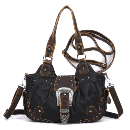 Women's Western Buckle Vegan Leather Shoulder Bag in Black and Brown