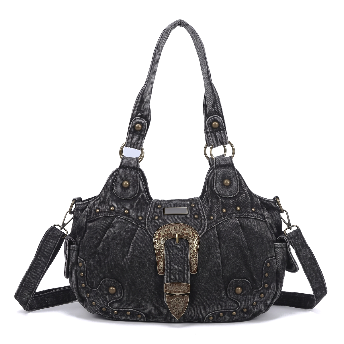 Women's Western Buckle Vegan Leather Shoulder Bag in Black Denim