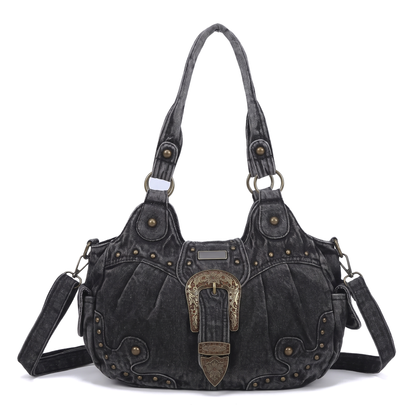 Women's Western Buckle Vegan Leather Shoulder Bag in Black Denim