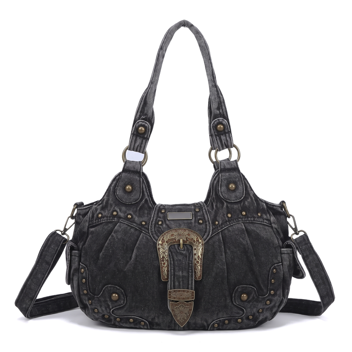 Women's Western Buckle Vegan Leather Shoulder Bag, Cognac Brown Studded Hobo Bag — Black Denim