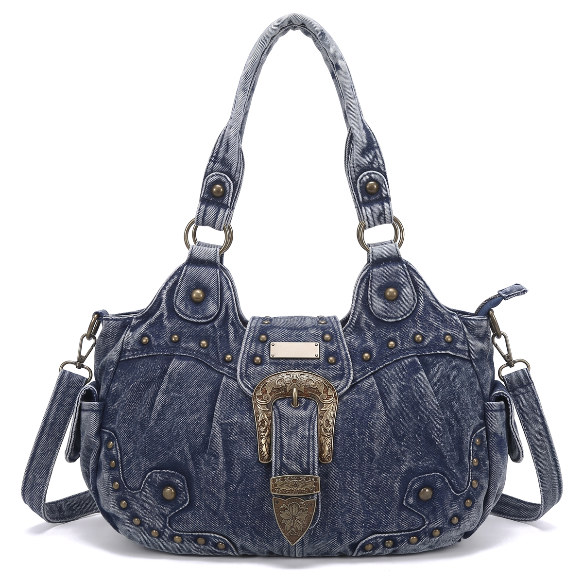 Women's Western Buckle Vegan Leather Shoulder Bag in Blue Denim