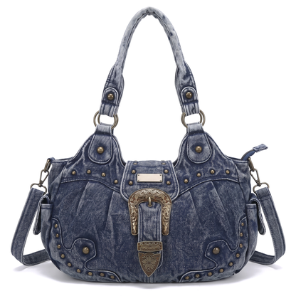 Women's Western Buckle Vegan Leather Shoulder Bag in Blue Denim