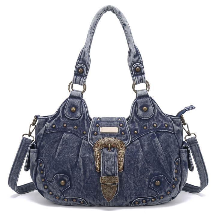 Women's Western Buckle Vegan Leather Shoulder Bag, Cognac Brown Studded Hobo Bag — Blue Denim