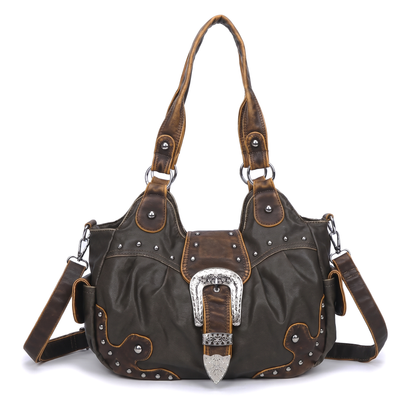 Women's Western Buckle Vegan Leather Shoulder Bag in Dark Taupe and Brown