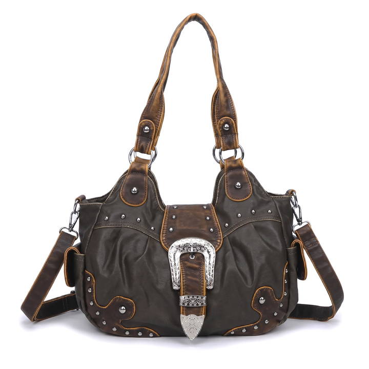 Women's Western Buckle Vegan Leather Shoulder Bag, Cognac Brown Studded Hobo Bag — Dark Taupe and Brown