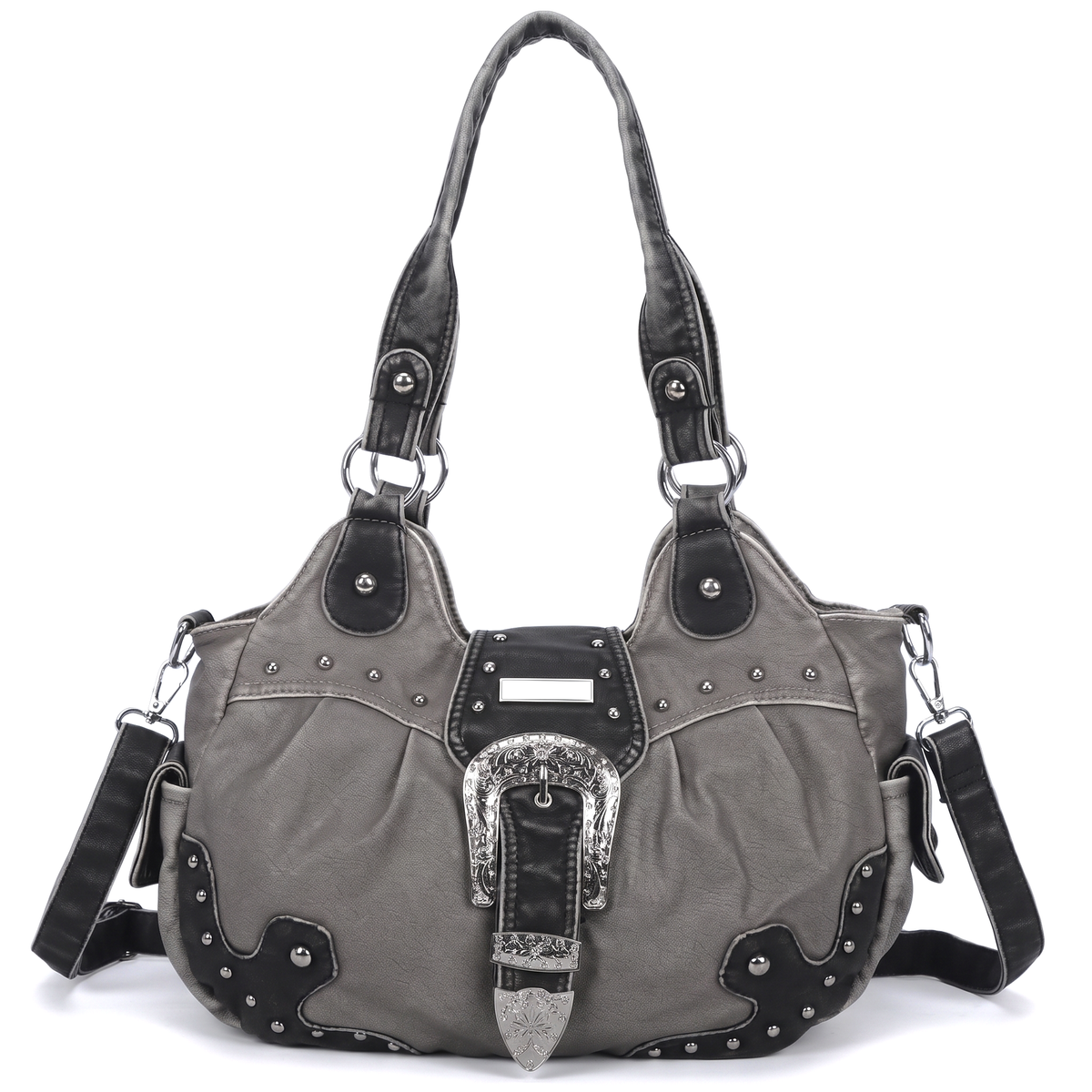 Women's Western Buckle Vegan Leather Shoulder Bag in Grey and Black