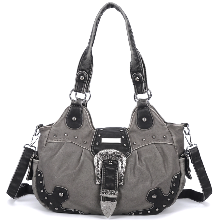 Women's Western Buckle Vegan Leather Shoulder Bag, Cognac Brown Studded Hobo Bag — Grey and Black