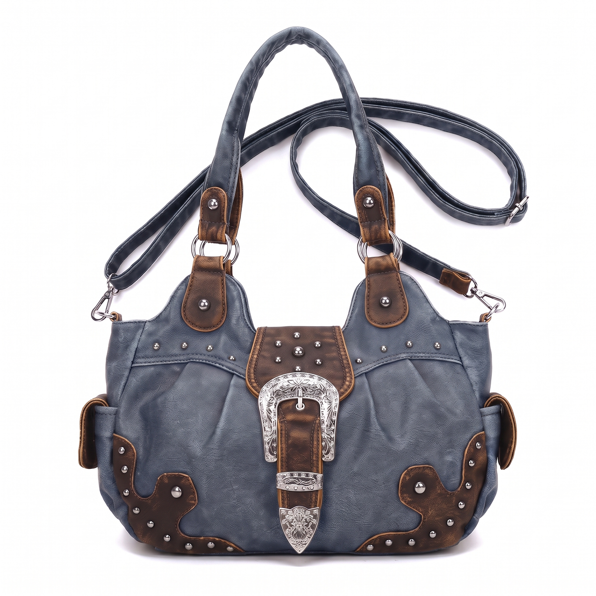 Women's Western Buckle Vegan Leather Shoulder Bag in Slate Blue and Brown