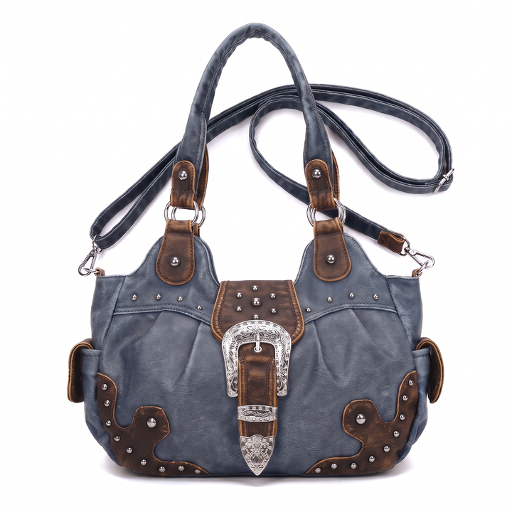 Women's Western Buckle Vegan Leather Shoulder Bag, Cognac Brown Studded Hobo Bag — Slate Blue and Brown