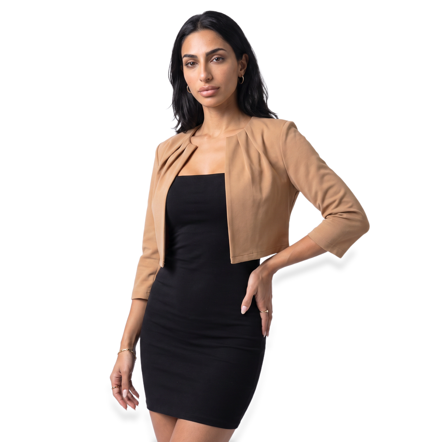 Sunoire Pleated Cropped Open-Front Blazer colorway khaki front crop