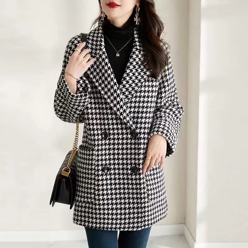 Women's Wool-Effect Houndstooth Blazer Coat in Black & White