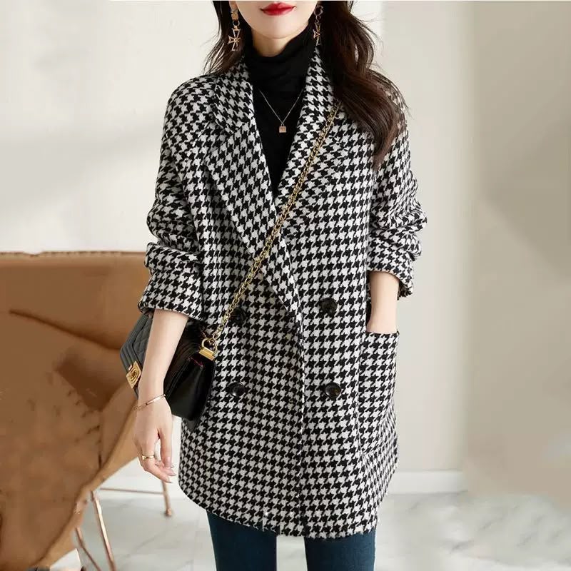 Women's Wool-Effect Houndstooth Blazer Coat in Black & White, another view