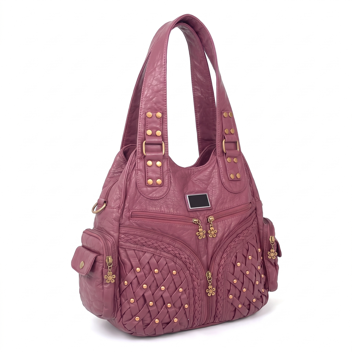 Women's Woven Vegan Leather Hobo Bag, three-quarter view