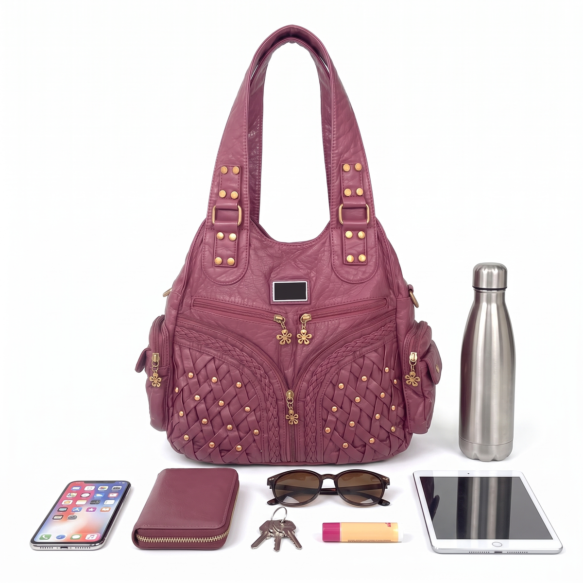 Women's Woven Vegan Leather Hobo Bag, what fits inside
