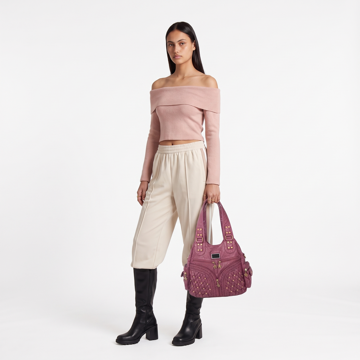 Women's Woven Vegan Leather Hobo Bag, worn by a model