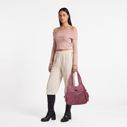 Women's Woven Vegan Leather Hobo Bag, worn by a model