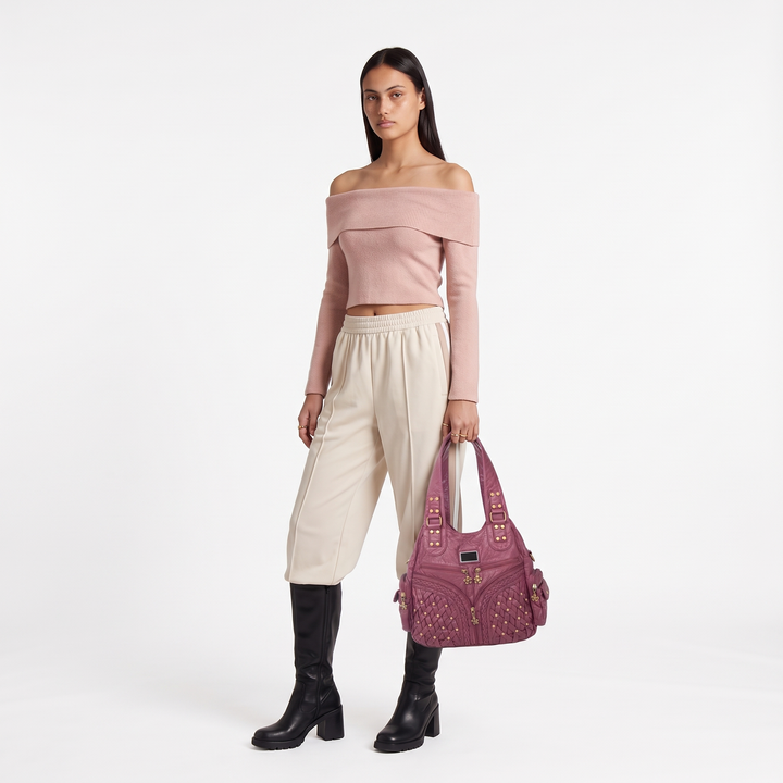 Women's Woven Vegan Leather Hobo Bag, worn by a model