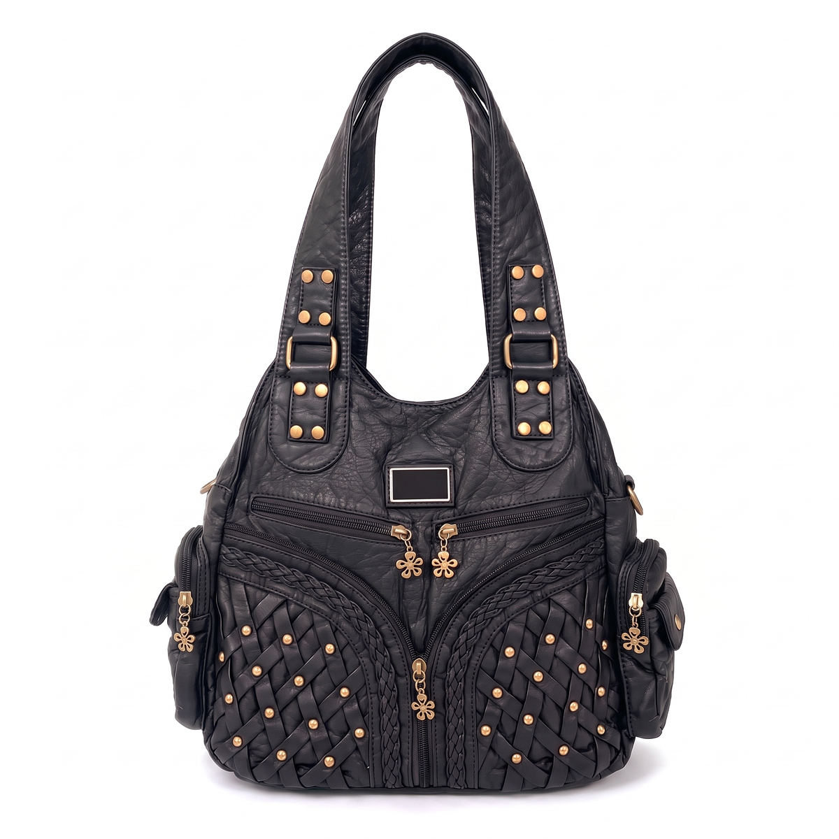 Women's Woven Vegan Leather Hobo Bag in Black