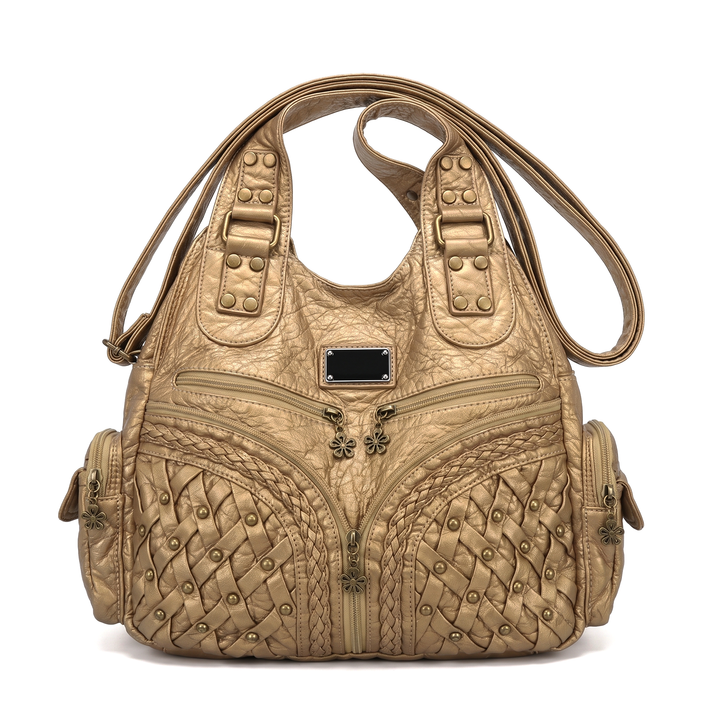 Women's Woven Vegan Leather Hobo Bag, Berry Pink Studded Multi Pocket Shoulder Bag — Gold