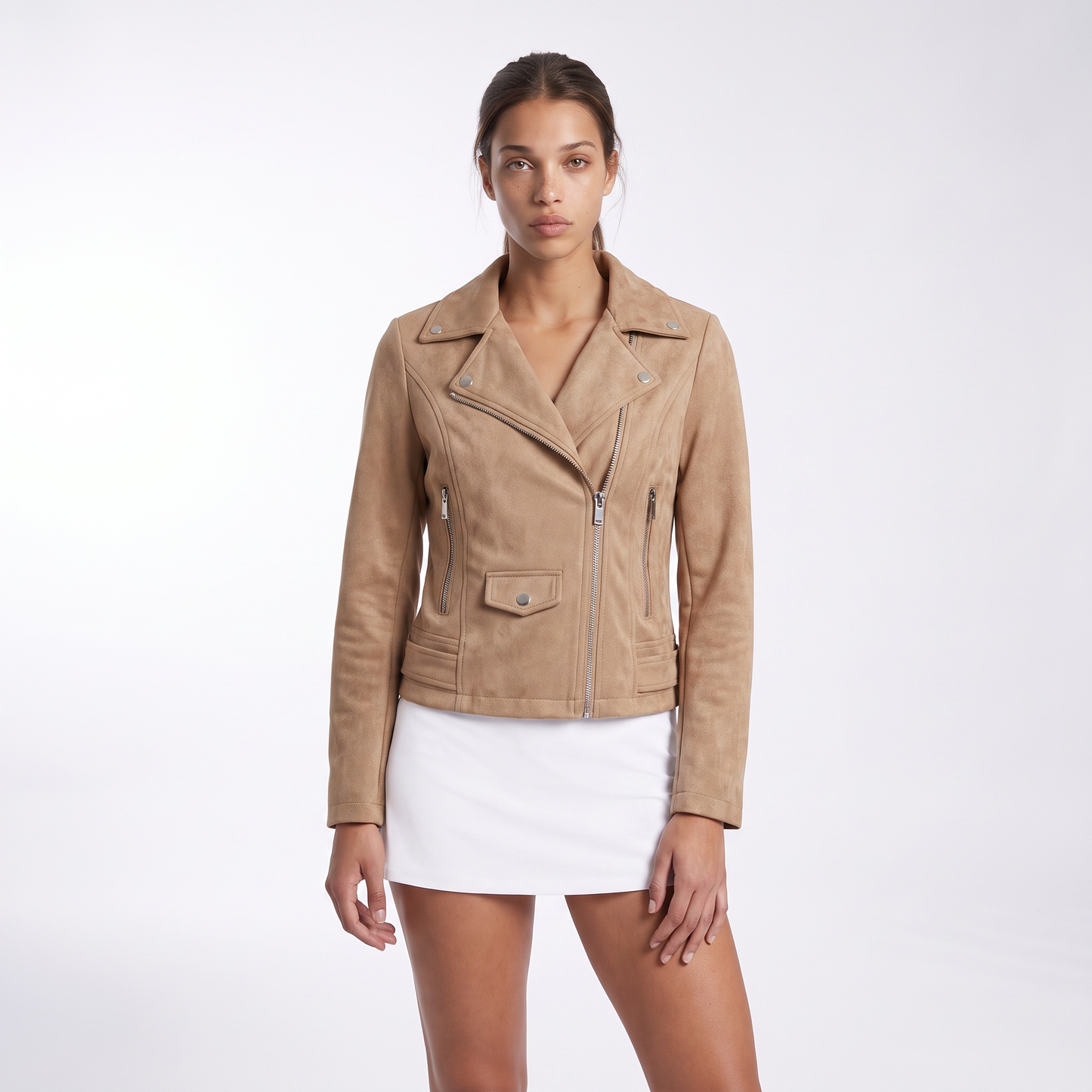 Sunoire womens zip up biker jacket colorway camel front crop 01
