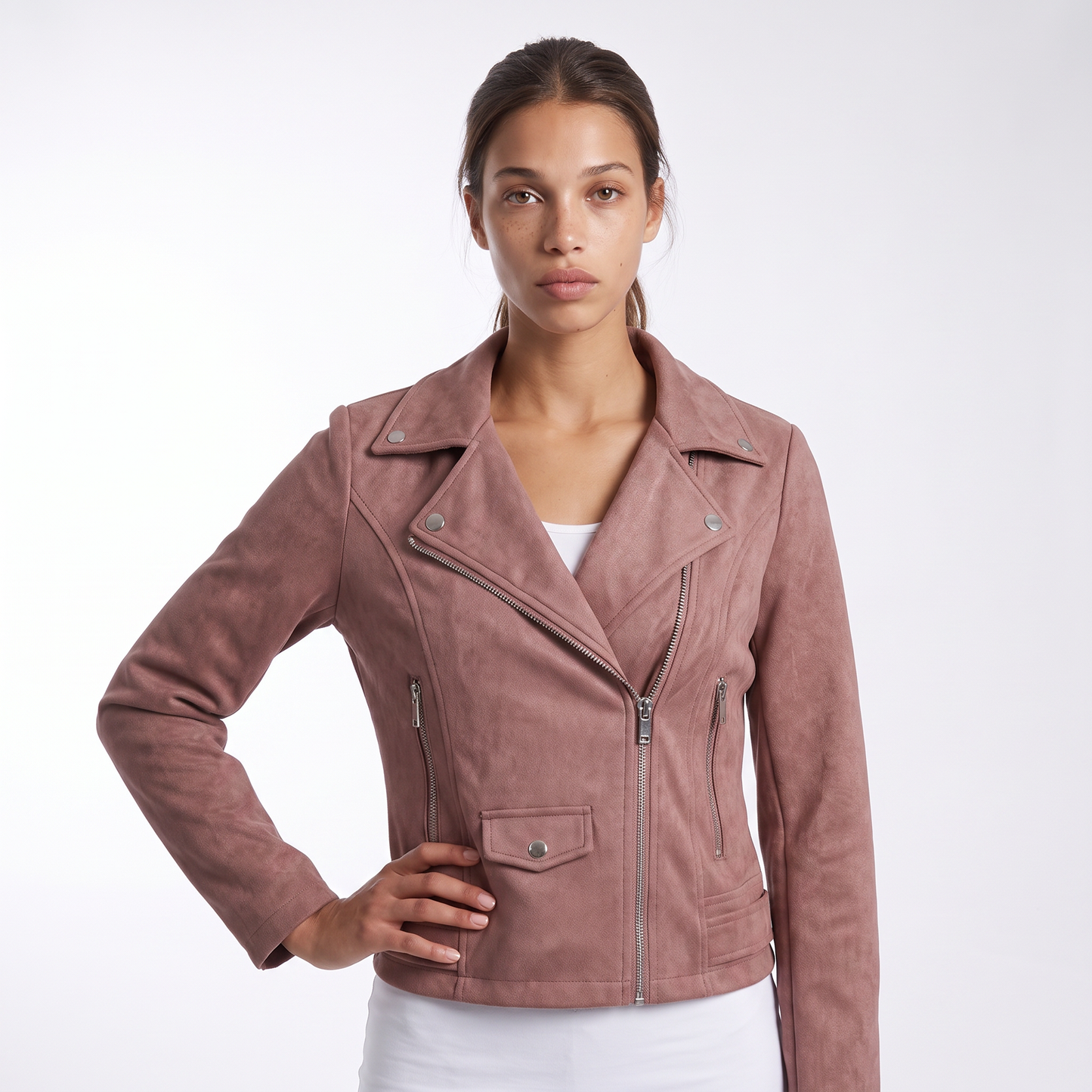 Sunoire womens zip up biker jacket colorway dusty rose front crop 01