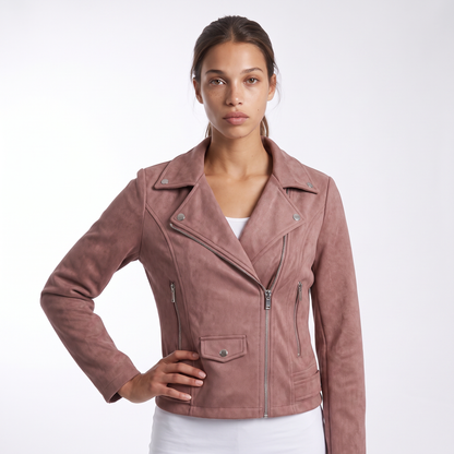 Sunoire womens zip up biker jacket colorway dusty rose front crop 01
