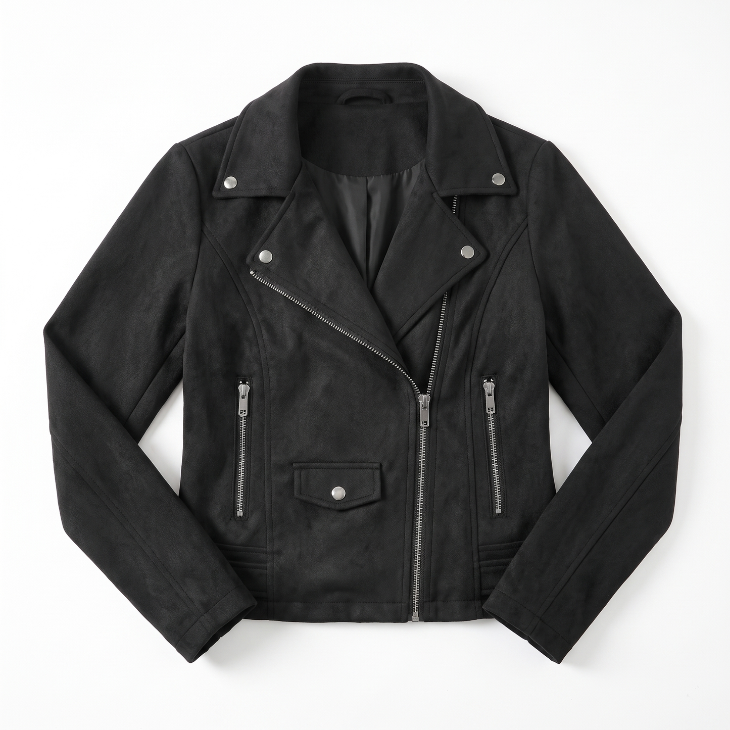 Sunoire womens zip up biker jacket garment flatlay 01