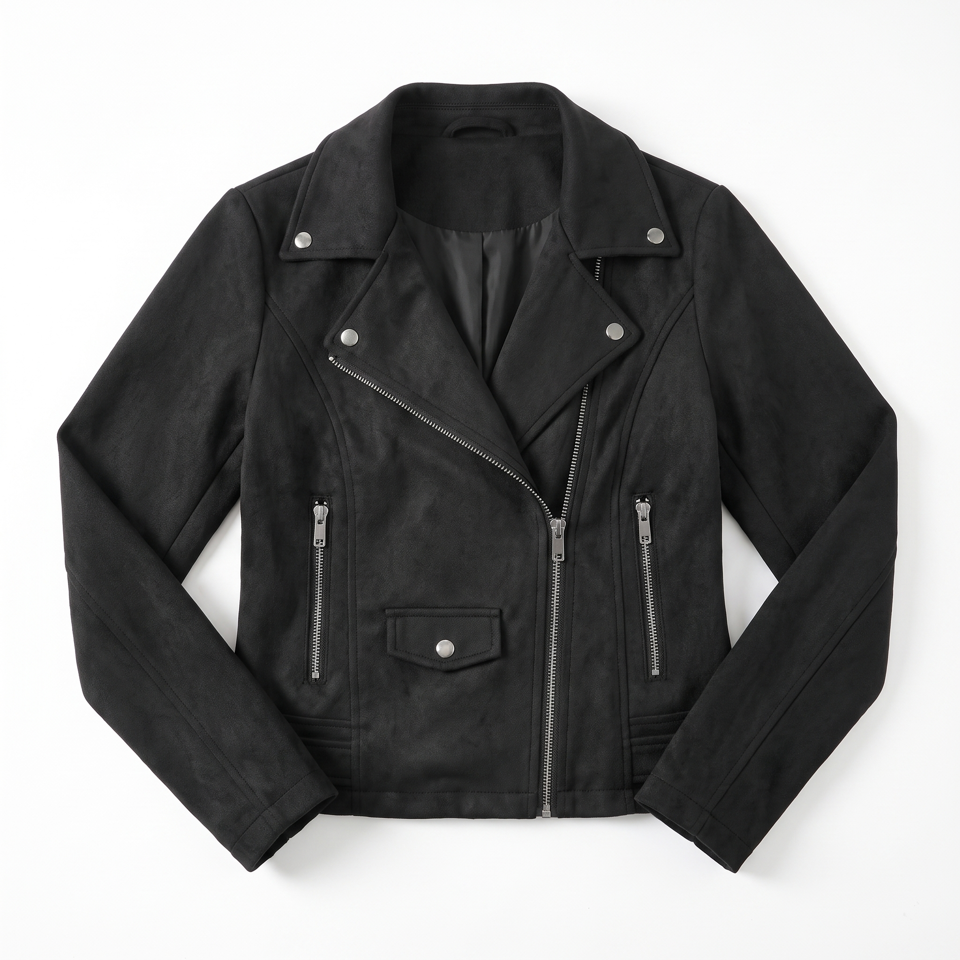 Sunoire womens zip up biker jacket garment flatlay 01