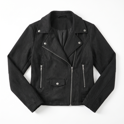 Sunoire womens zip up biker jacket garment flatlay 01