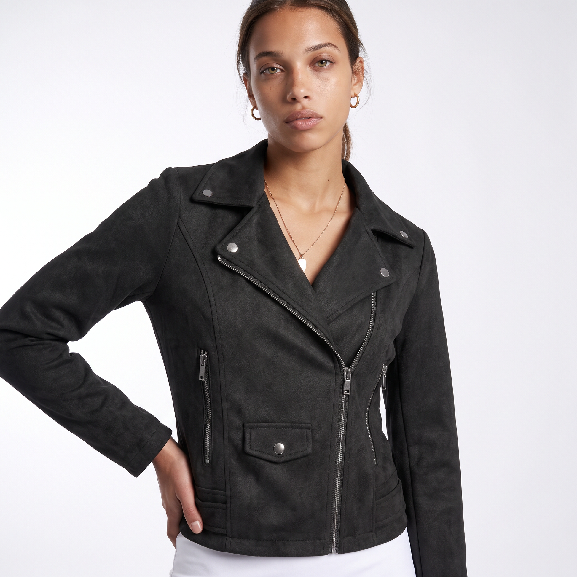 Sunoire womens zip up biker jacket top detail 01