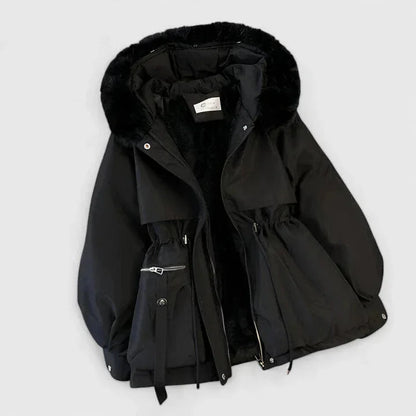 Women's zip-up faux fur hood parka with trim in Black