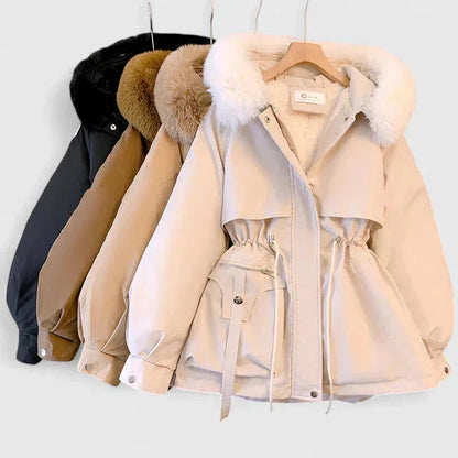 Women's zip-up faux fur hood parka with trim in Brown, another view