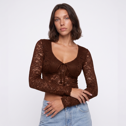 Sunoire y2k lace t shirts long sleeved sexy t shirt women s top short tee shirt colorway brown front crop 01
