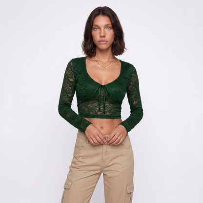 Sunoire y2k lace t shirts long sleeved sexy t shirt women s top short tee shirt colorway green front crop 01